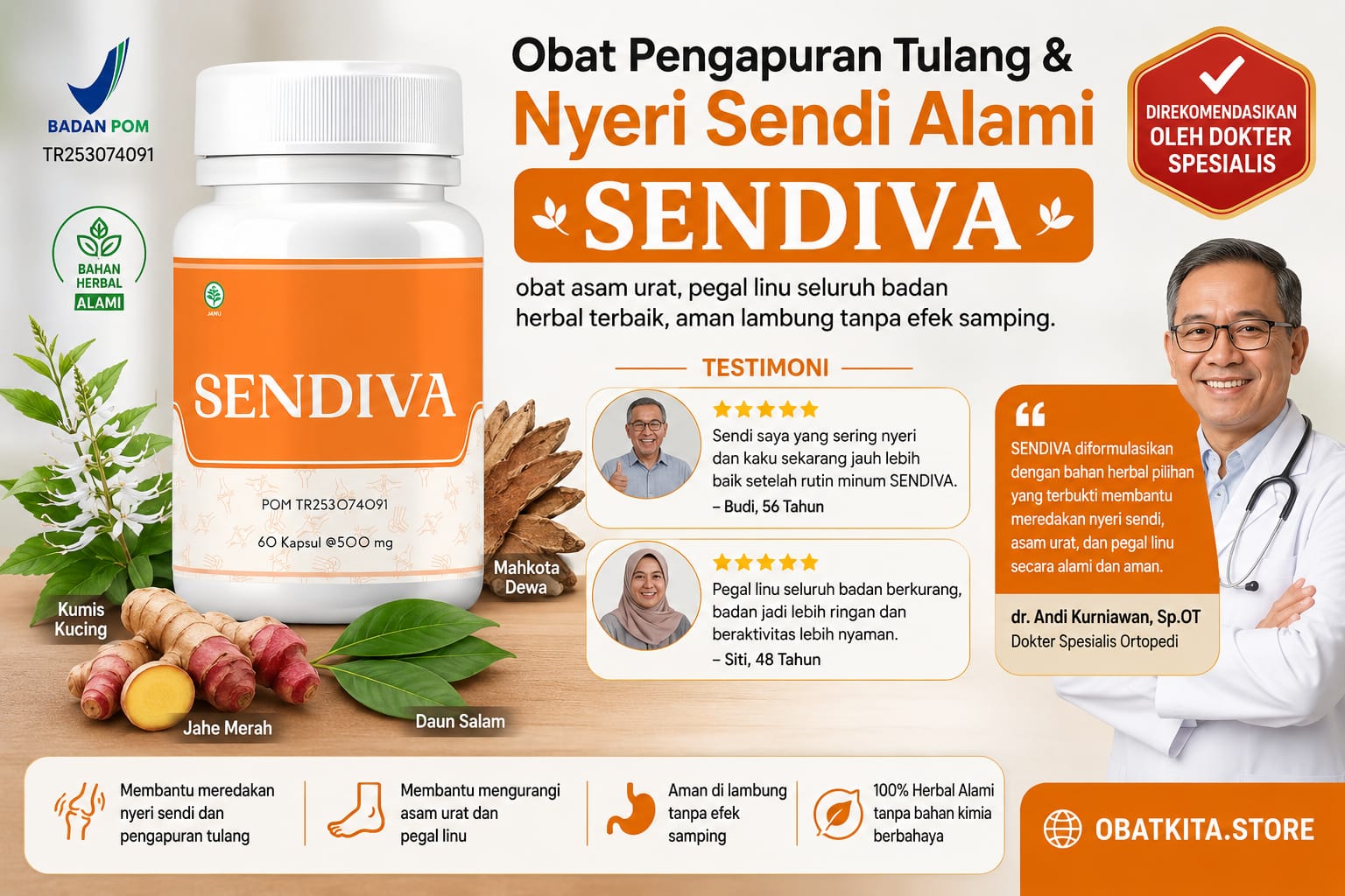 Obat Pengapuran Tulang & Nyeri Sendi Alami SENDIVA – obat asam urat, pegal linu seluruh badan herbal terbaik, aman lambung tanpa efek samping. Produk ini terdaftar BPOM TR253074091 dan mengandung kumis kucing, mahkota dewa, daun salam, serta jahe merah.